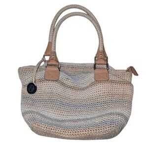 The Sak Crochet Faux Leather Trim Striped Double Handle Handbag Tan Blue Cream